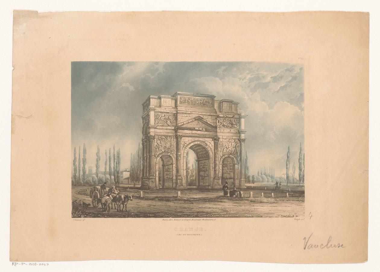 Landskap med triumfbuen Orange med reisende oransje. (Arc de Triomphe) (tittel på objekt) av Vogel (prentmaker)