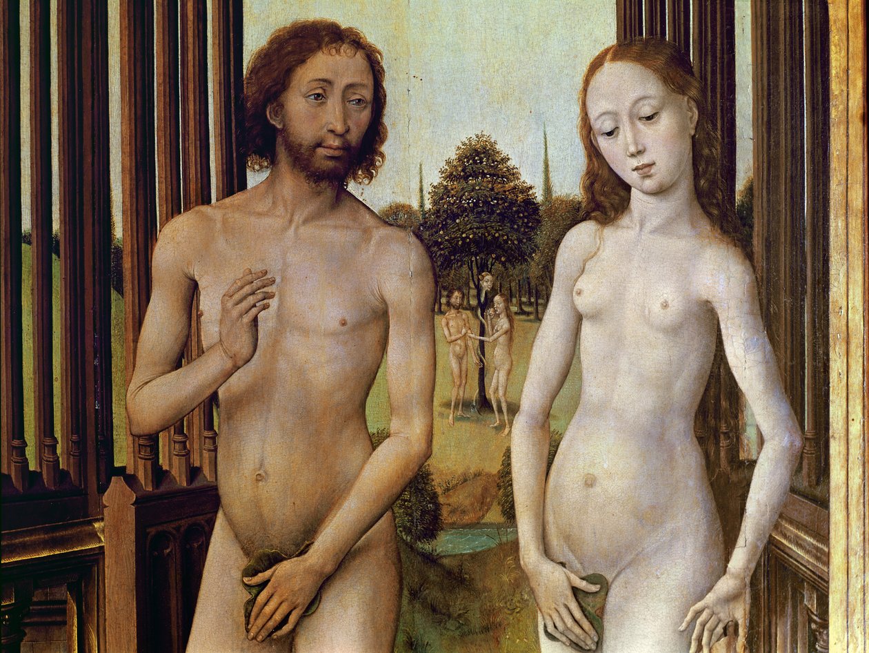 Adam og Eva ble utvist fra Edens hage etter å ha blitt fristet av slangen til å spise eplet, ca. 1460 (detalj av 488611) av Vrancke van der Stockt