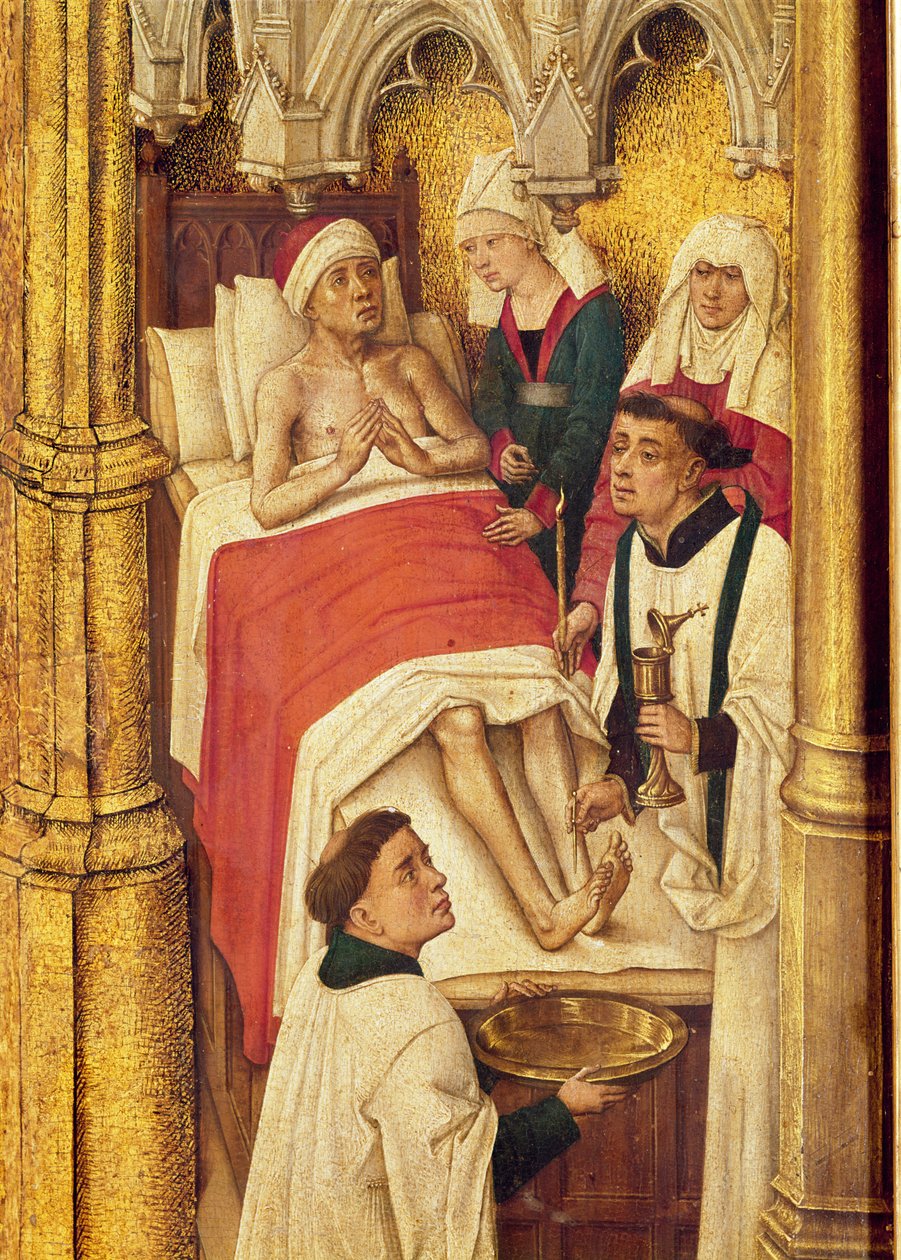 Redemption Triptych: Sacrament of Extreme Unction, fra serien med små bilder som skildrer sakramentene rundt det sentrale bildet av korsfestelsen, ca. 1460 av Vrancke van der Stockt
