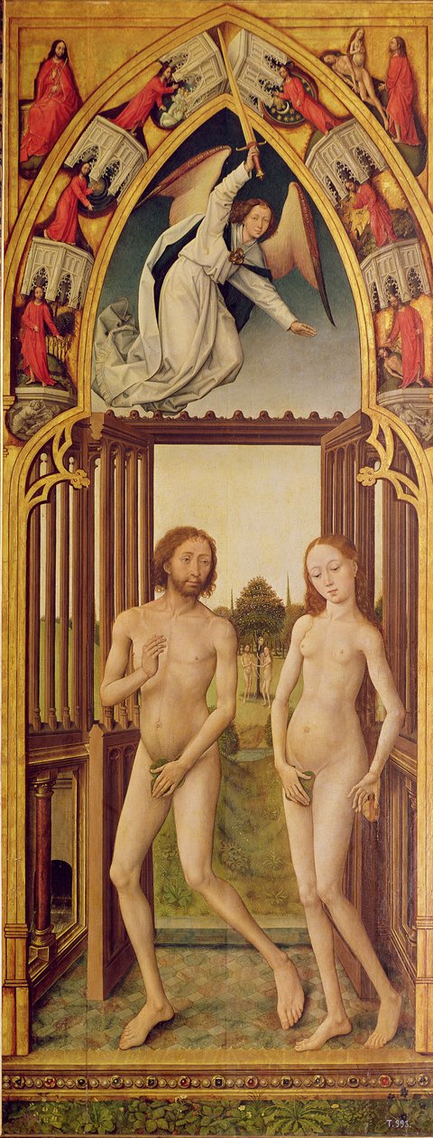 Redemption Triptych; høyre panel (til betrakteren) som viser utvisningen av Adam og Eva fra paradiset, ca. 1460   , ca. 1460 (se 488870 og 488609) av Vrancke van der Stockt