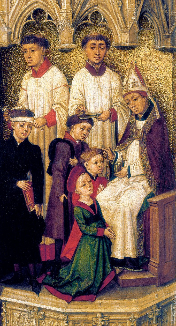 Triptych of the Redemption, detalj av buene og verandaen som overvinner sentralpanelet, som beskriver konfirmasjonssakramentet av Vrancke van der Stockt