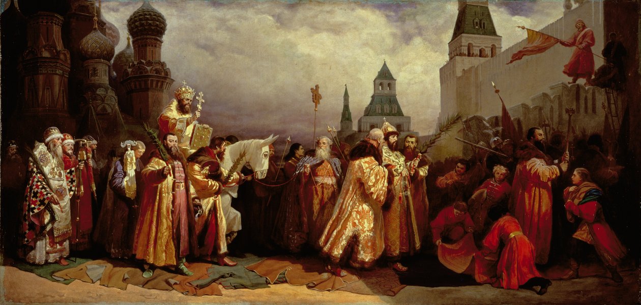 Palmesøndag i Moskva med tsar Alexei Mikhailovich (1629-76) i en patriarkalsk prosesjon, 1865 av Vyacheslav Grigorievich Shvarts