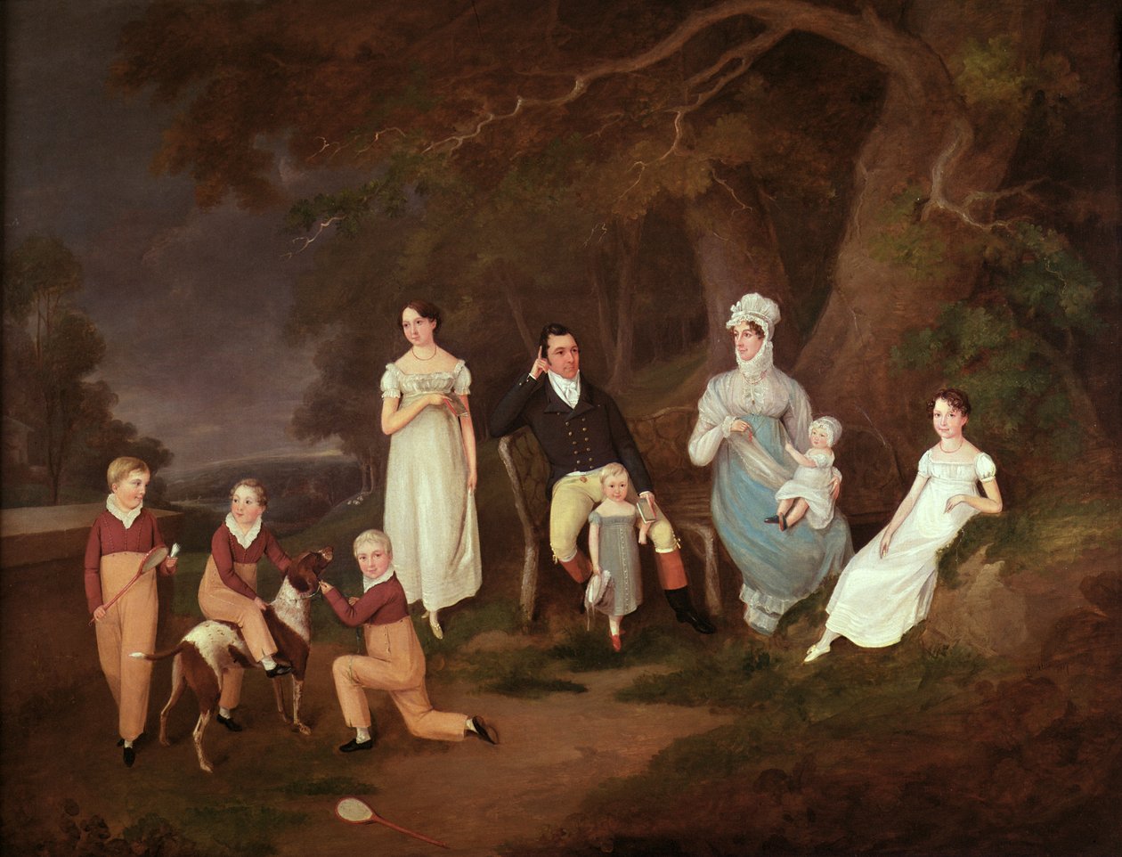 Gruppeportrett av en godseier, hans kone og barn på kanten av den nye skogen, 1817 av W. Allison