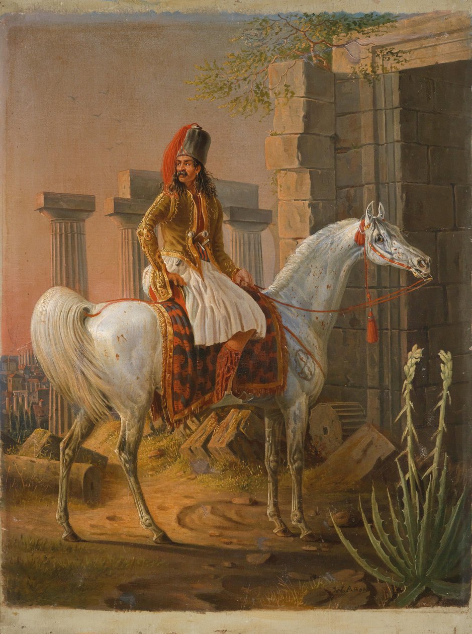Gresk rytter blant gamle ruiner av W. Ammon