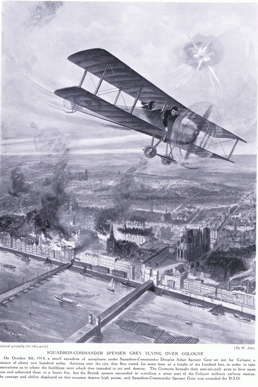 Skvadronsjef Spenser Gray tildelt DSO for å ha flydd over Köln og bombet en militær jernbanestasjon oktober 1914 av W. Avis