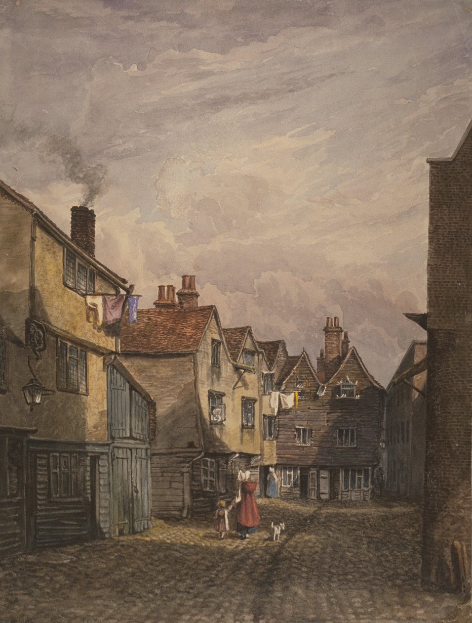 Utsikt over en kvinne og et barn som går ned Crown Court, Bermondsey, ca. 1825 av W. Barker