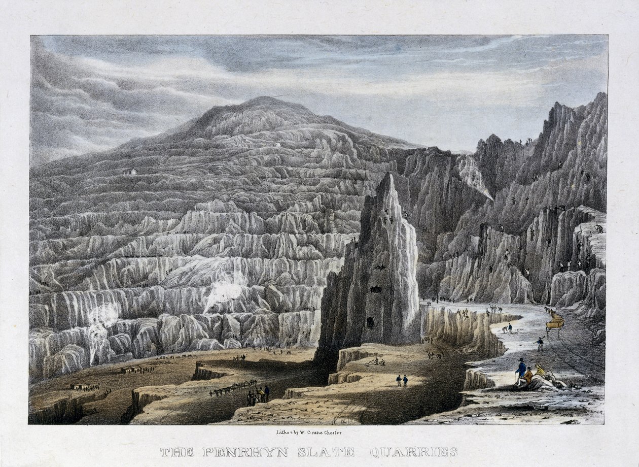 The Penrhyn Slate Quarries, 1842 (håndfarget lito) av Walter Crane