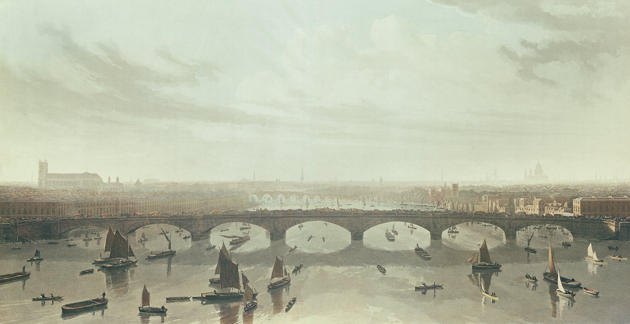 Utsikt over broen som nå bygger over Themsen ved Vauxhall, 1810 av W Daniel