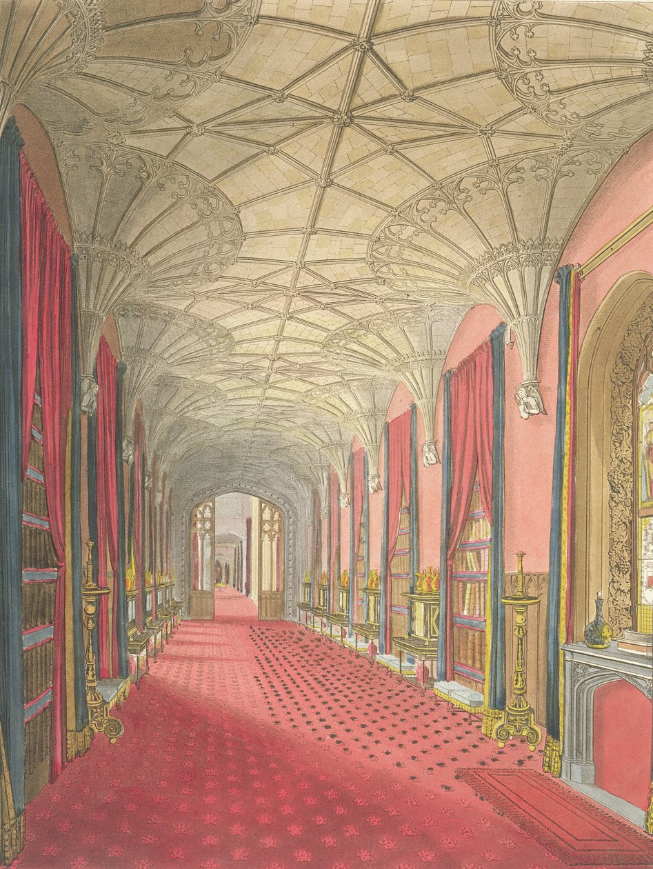 Interiør i St. Michael's Gallery, Fonthill Abbey, fra 'Delineations of Fonthill' av John Rutter, 1823 (akvatint) av W. Finley