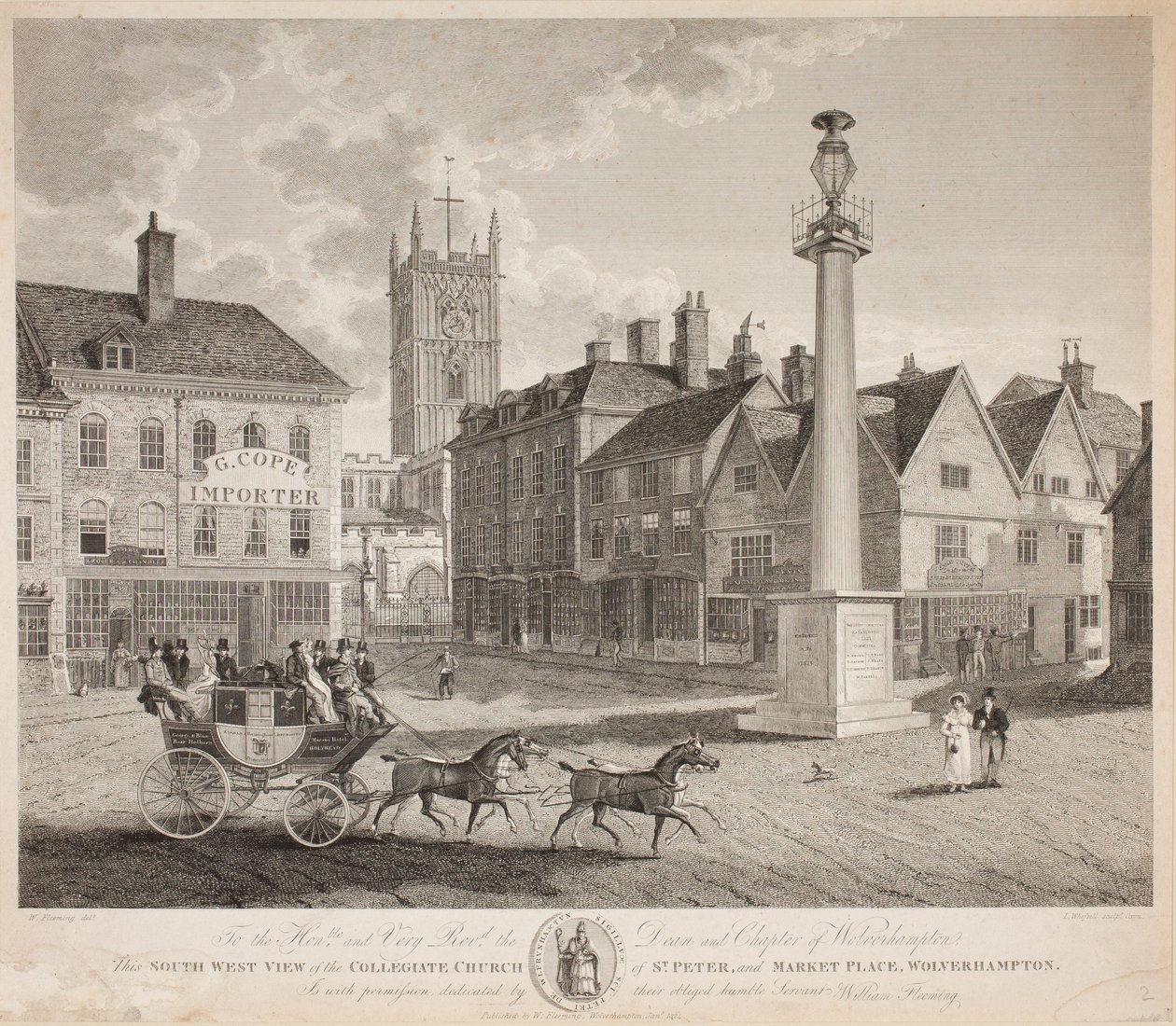 South West View of Collegiate Church of St. Peter and Marketplace, Wolverhampton, 1824 av W. Fleeming