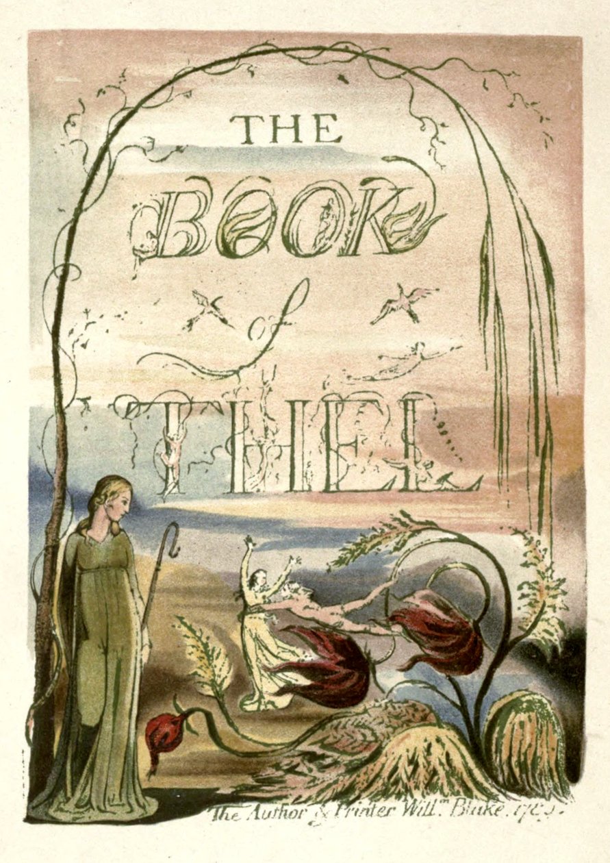 En illustrasjon hentet fra side mot 33 av William Blake, maler og poet av Richard Garnett Publisher: London, Seeley. Verket er identifisert som The Book of Thel, tittelside. I faksimile av W. Griggs. Denne utskriften ligner mest på siden fr av W. Griggs after William Blake