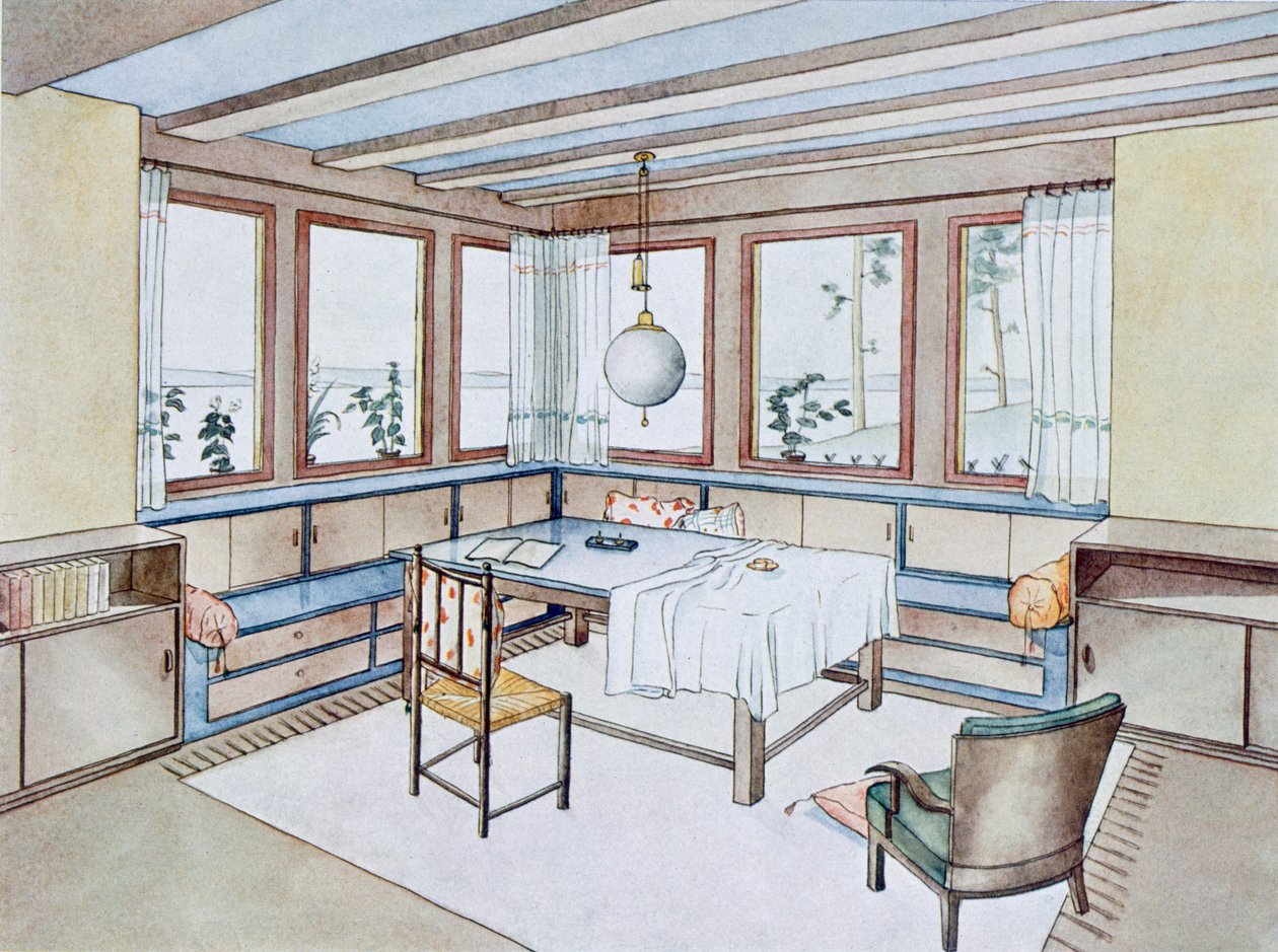 En del av en stue, fra Modern Interiors in Colour, utgitt av Julius Hoffman, Stuttgart, 1929 av W. Schneider
