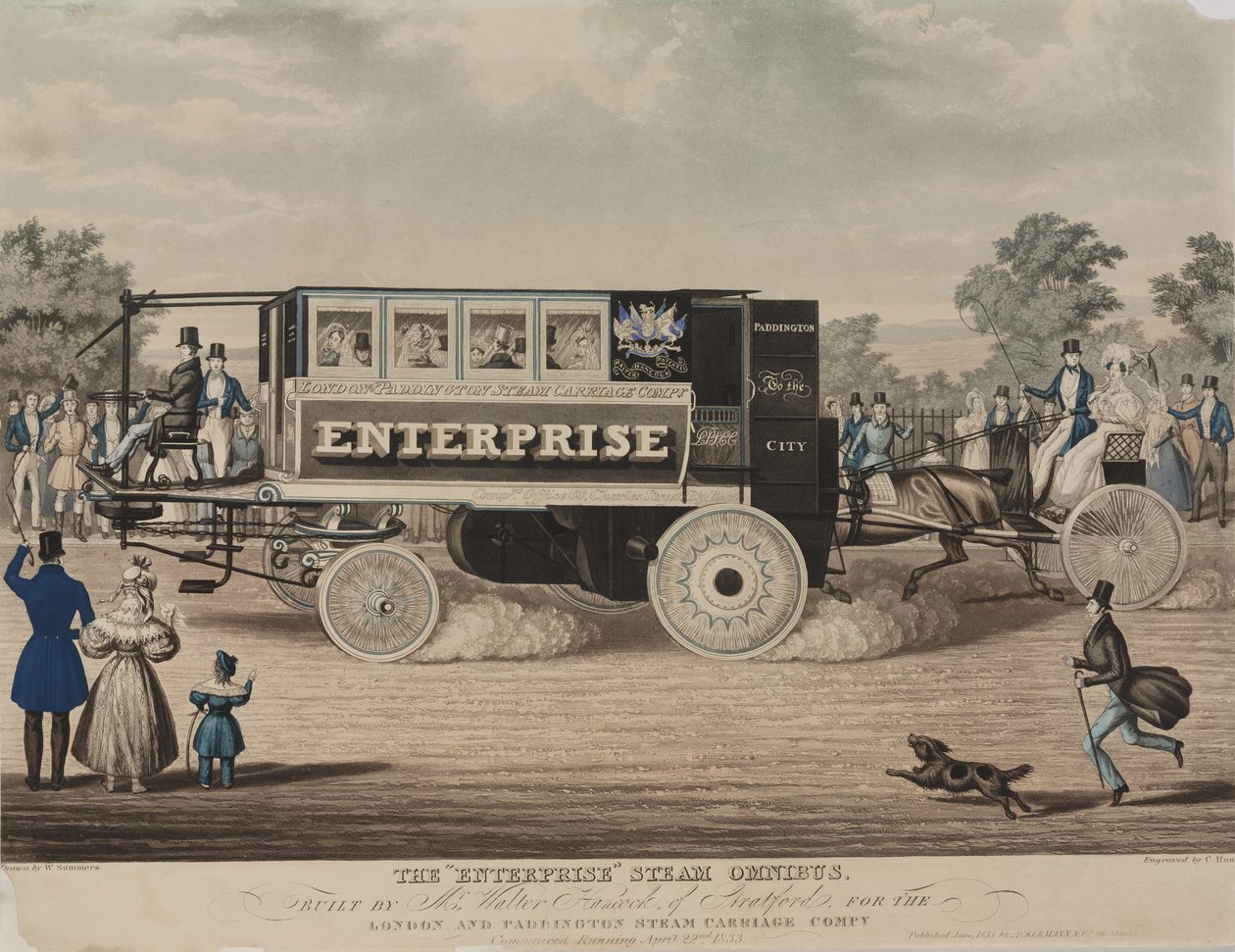 Enterprise Steam Omnibus, bygget av Mr. Walter Hancock fra Stratford, for London and Paddington Steam Carriage Company, gravert av C. Hunt, 1833 av W. Summers