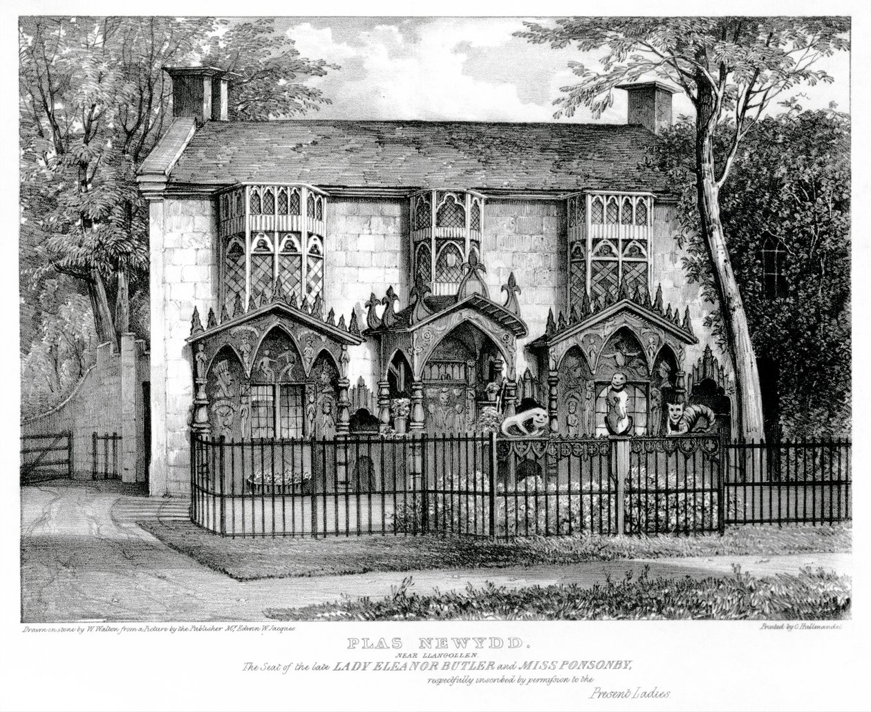 Plas Newydd, nær Llangollen, sete for avdøde dame Eleanor Butler (ca. 1745-1829) og frøken Sarah Ponsonby (d. 1831), trykt av Charles Joseph Hullmandel (1789-1850) av W. after Walton