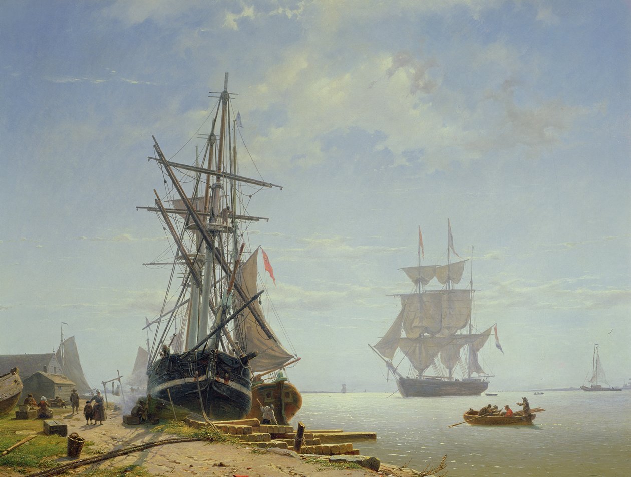 Skip i en nederlandsk elvemunning, 1800-tallet av W.A. van Deventer