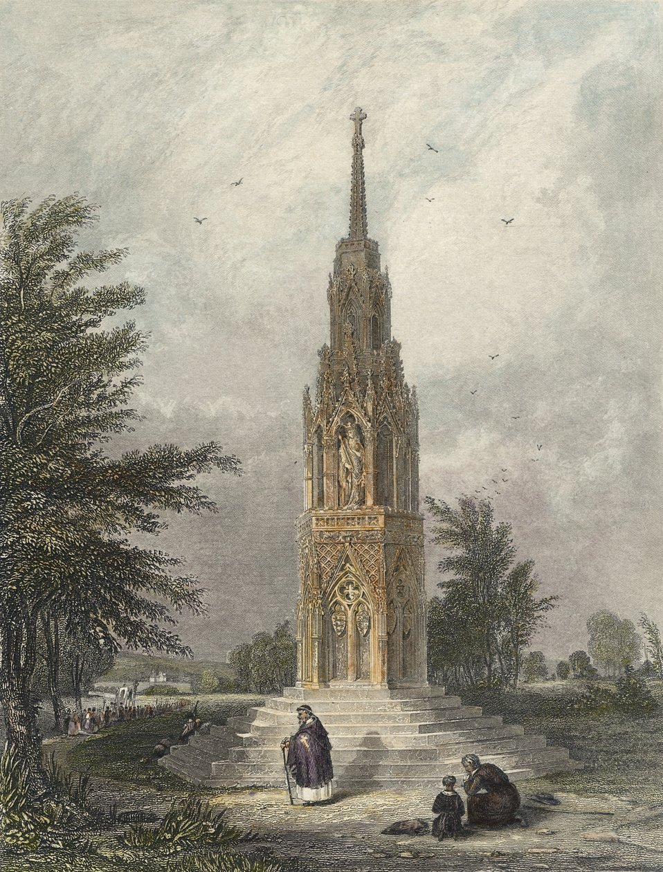 Waltham Cross, ca. 1820 (håndfarget gravering) av W.B Clarke