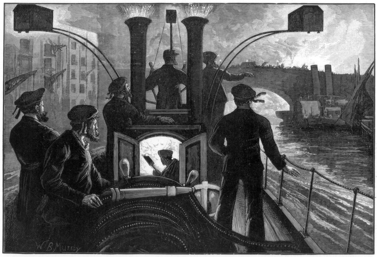 Dampbrannbil går til brann ved elvebredden, London brannvesen, 1890. av WB Murray