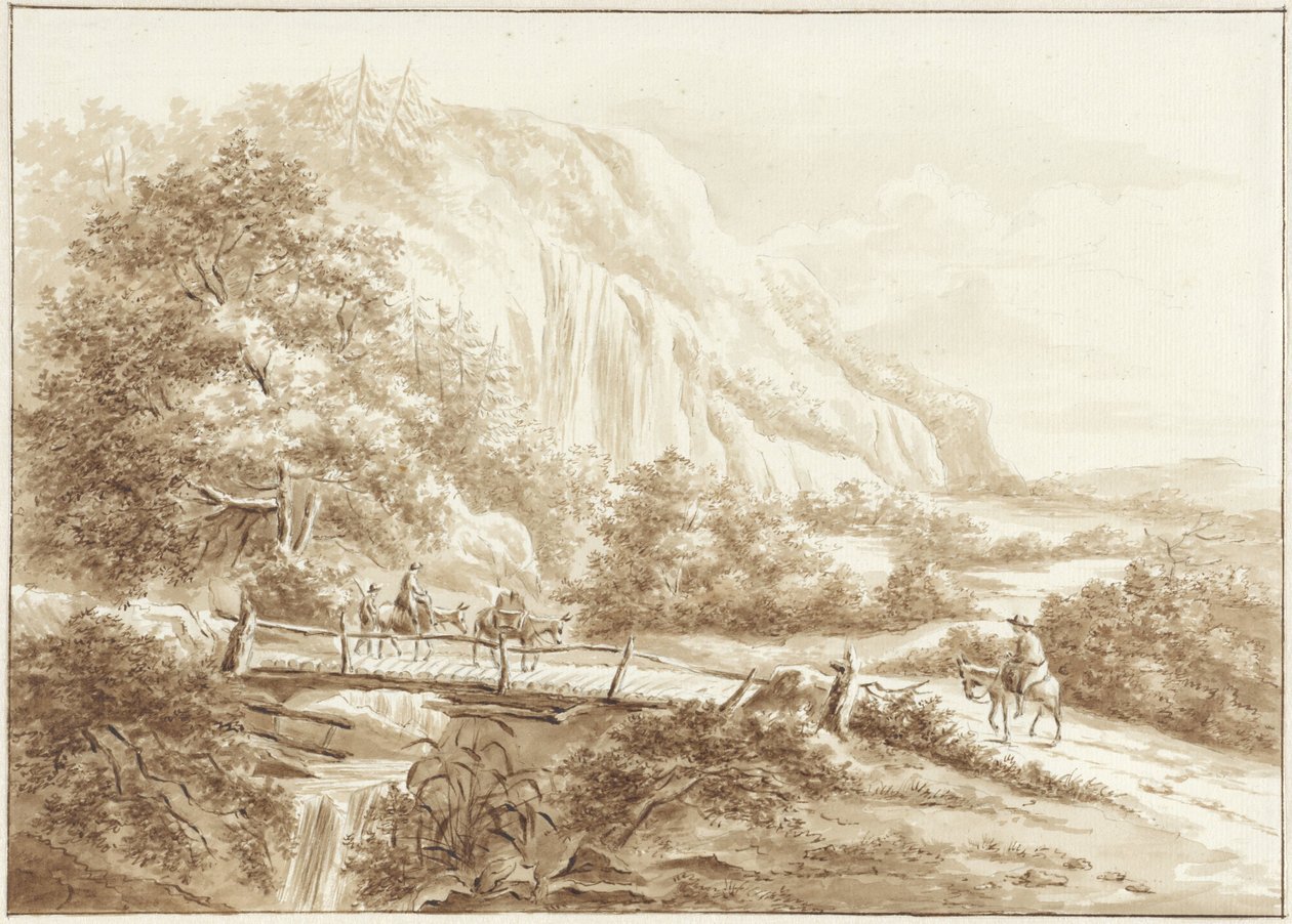 Fjelllandskap med reisende på esler som krysser en trebro av W.C.E. Roelofs