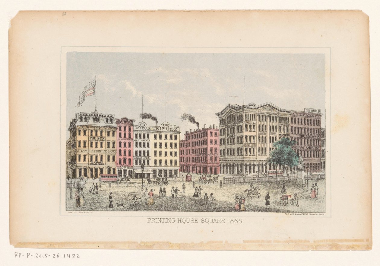 Park Row, Manhattan Trykkeritorget 1868 (tittel på objekt) av W.C. Rogers and Co.