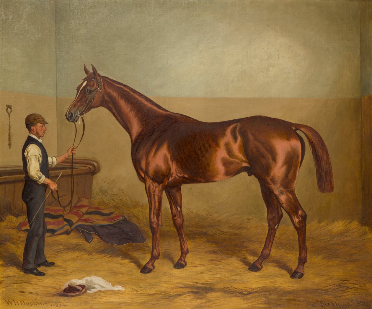 Sir Hugo som treåring holdt av Groom in a Stable, ca. 1875-92 (olje på lerret) av W.H. Hopkins