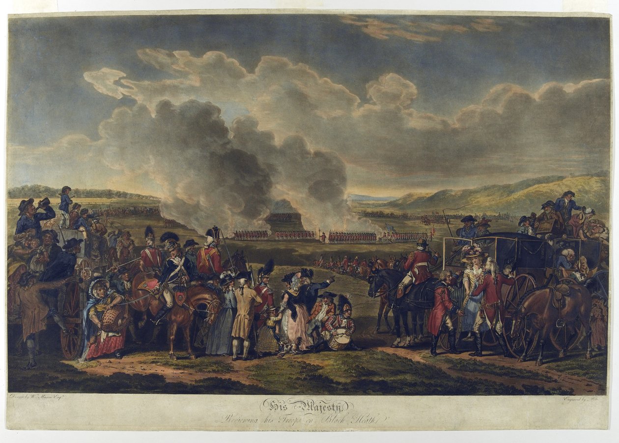 His Majesty Reviewing Troops on Blackheath, 1787, etset av R. Pollard, trykt 1797 (etset akvatint) av W.H. Mason