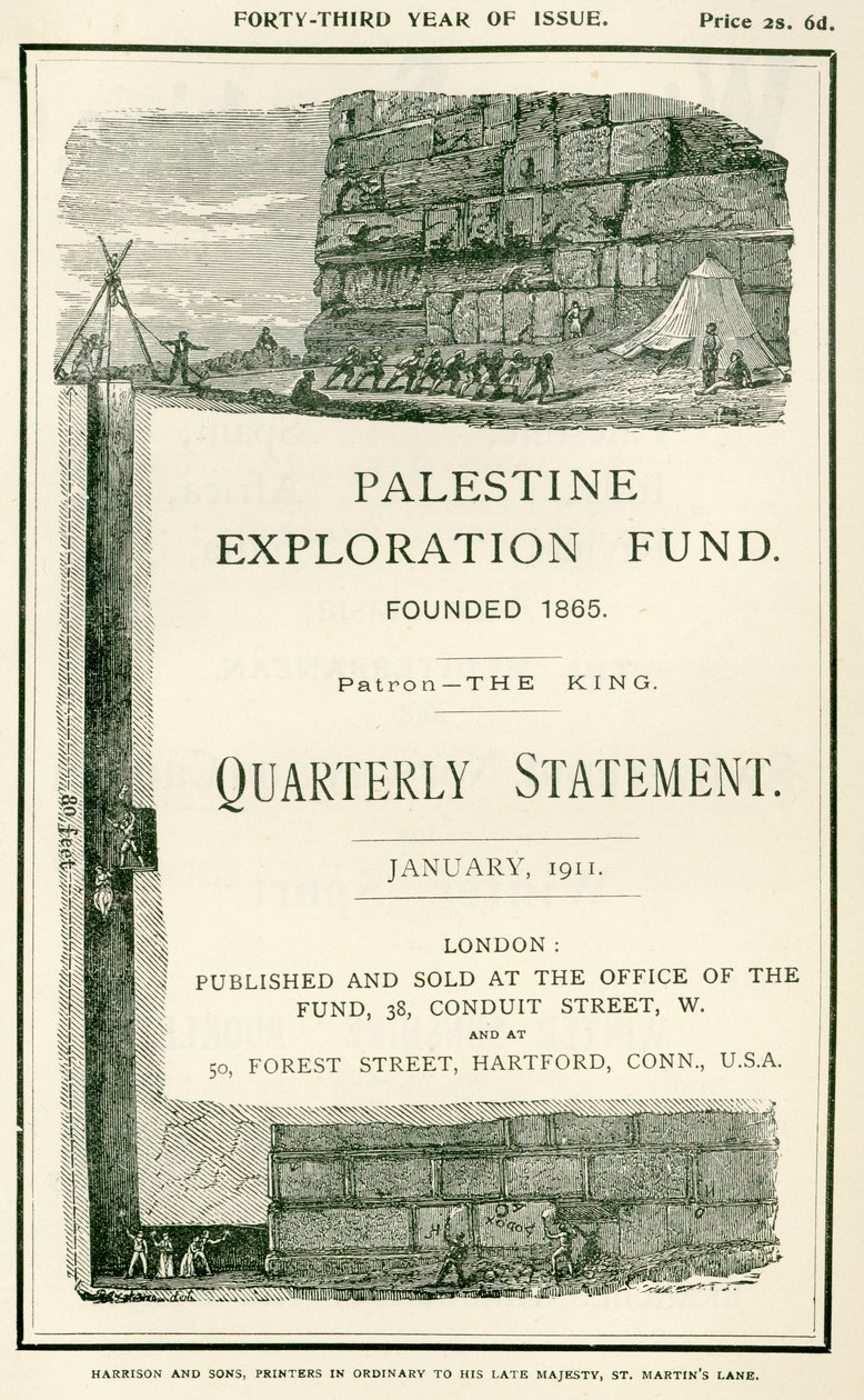 Frontispice som skildrer utforskningene utført av løytnant Charles Warren og hans menn, nær den sørlige muren til Haram al Sharif, Jerusalem, fra Quarterly Statement of the Palestine Exp av W.H. Simpson