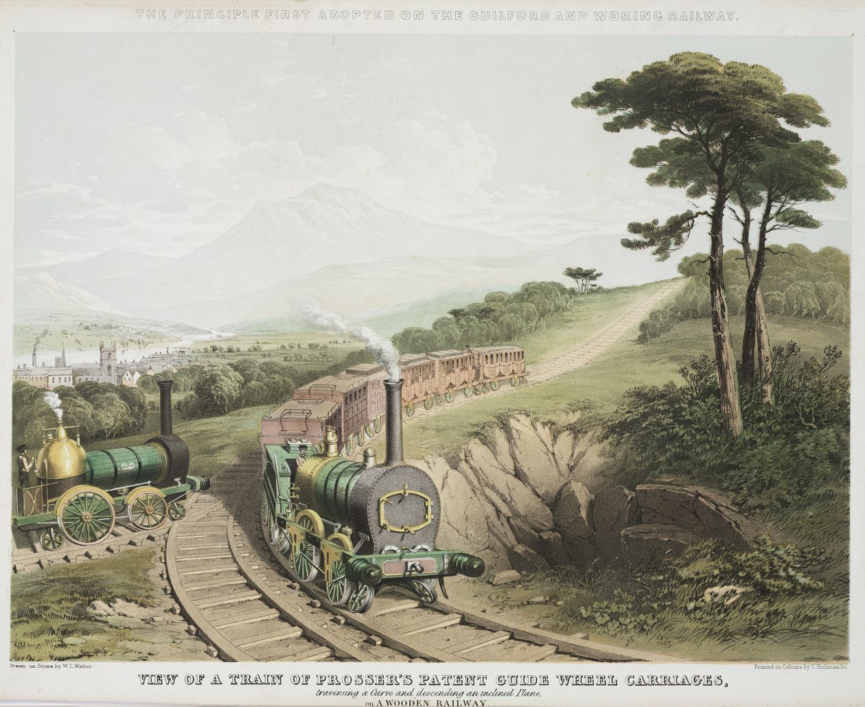 View of a Train of Prossers Patent Guide Wheel Carriages, ca.1845 av W.L. Walton