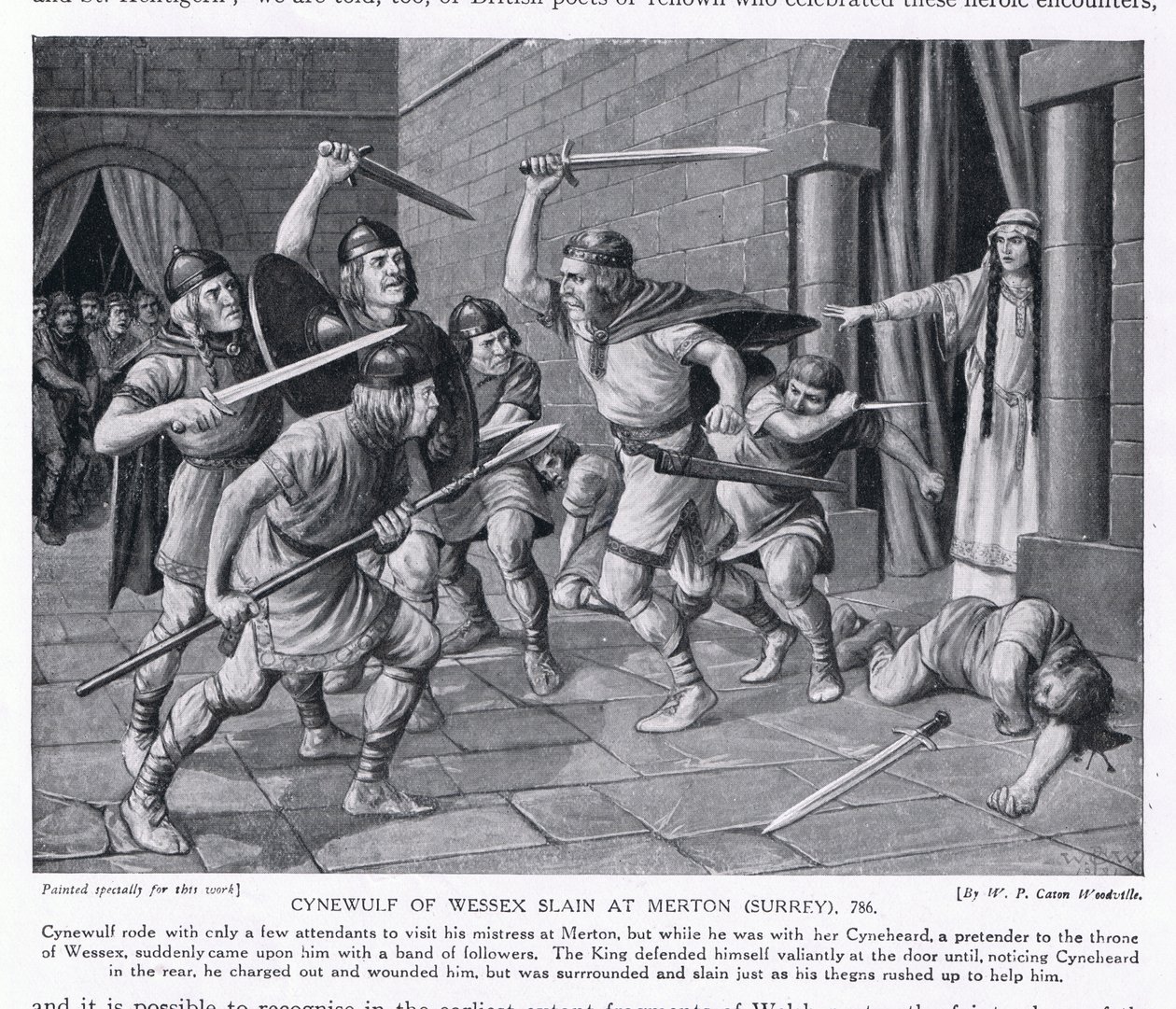 Cynewulf av Wessex drept i Merton, Surrey AD786, 1920-tallet av W.P. Caton Woodville