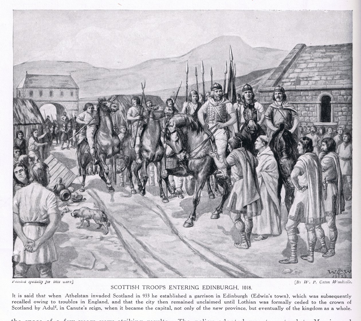 Skotske tropper på vei inn i Edinburgh AD1018, 1920-tallet av W.P. Caton Woodville