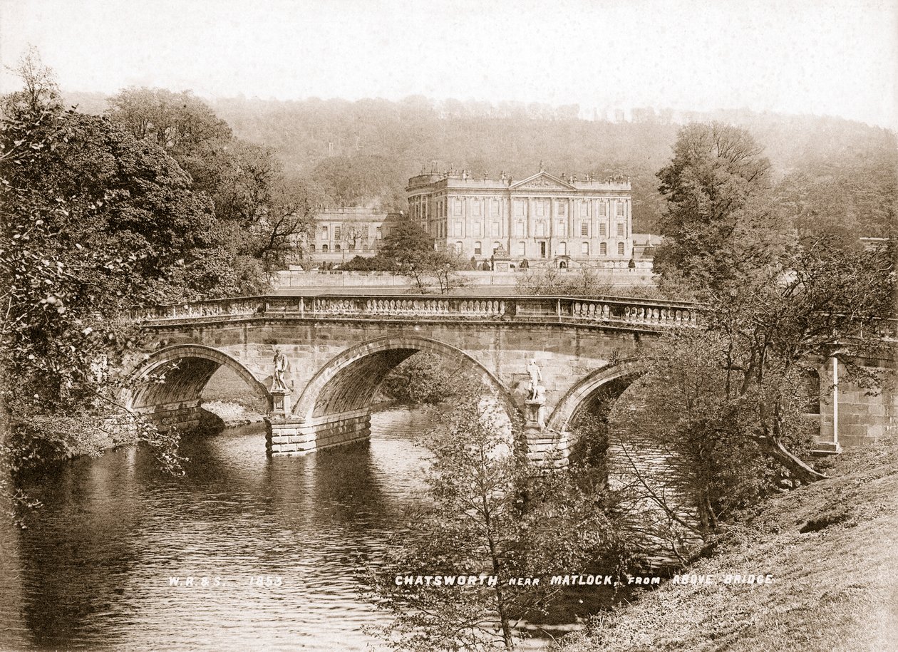Chatsworth House og broen over elven Derwent, Derbyshire, 1853 av WR and S