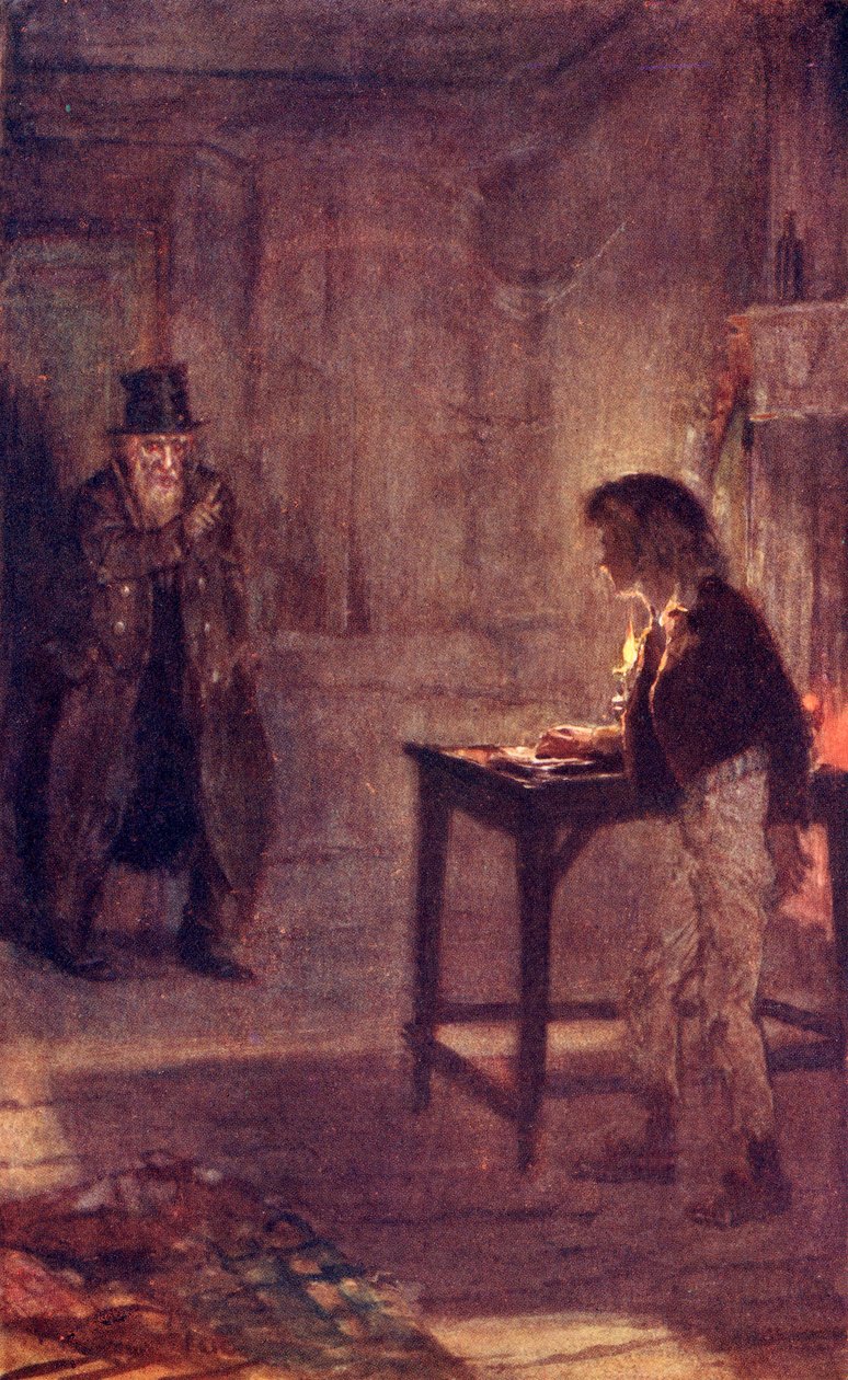 Fagin advarer Oliver, frontispice fra "The Adventures of Oliver Twist" av Charles Dickens av W.S. Stacey