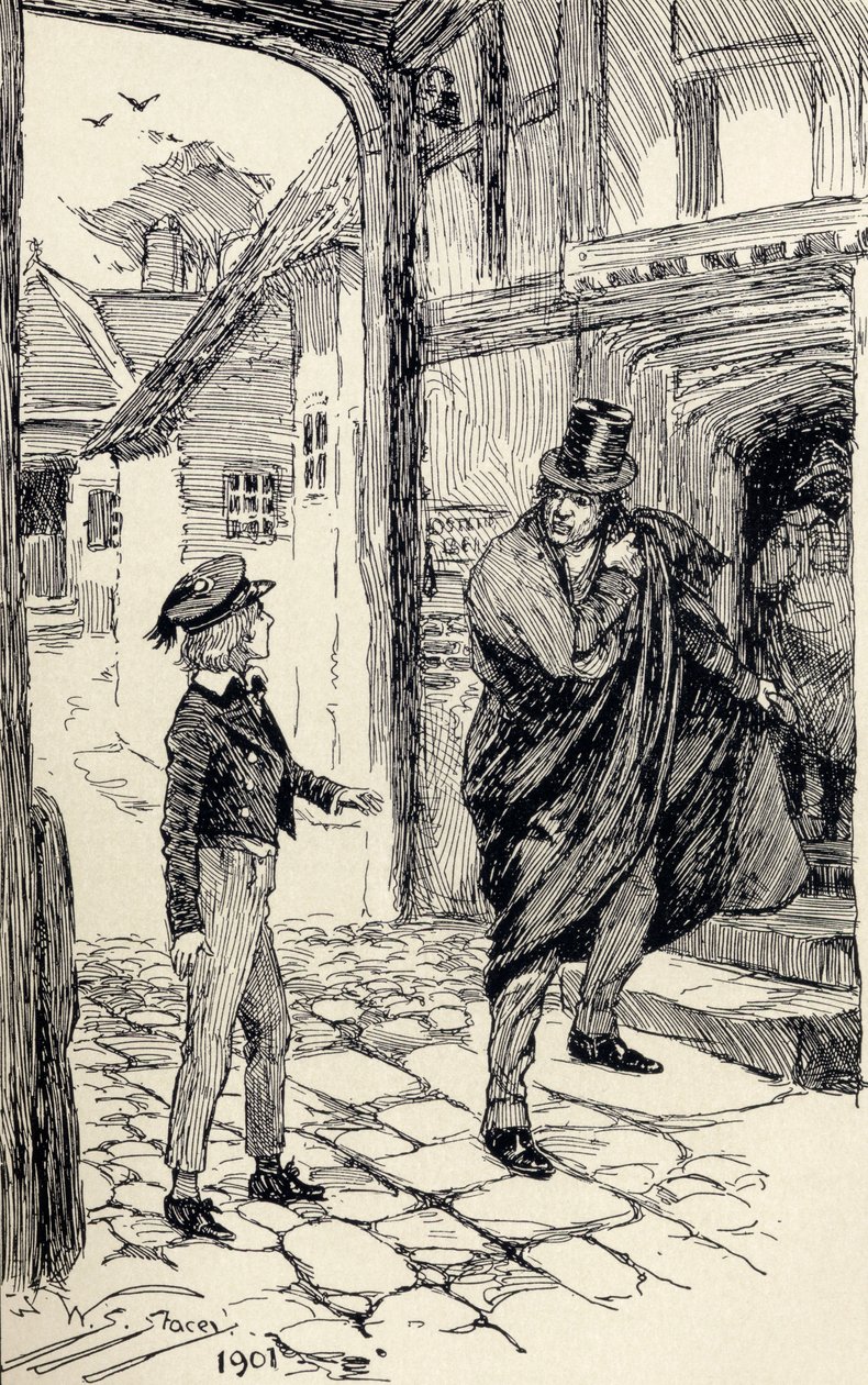 Oliver møter en mystisk fremmed, fra "The Adventures of Oliver Twist" av Charles Dickens, 1901 av W.S. Stacey