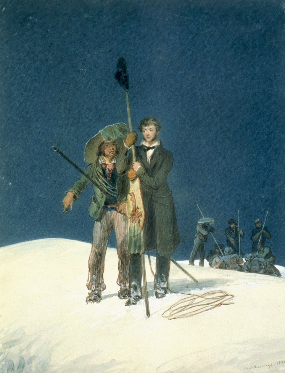 Charles Fellows with William Hawes, Plants a Baton on the Summit, inkludert som et innlegg i A Narrative of an Ascent to the Summit of Mont Blanc av Charles Fellows (1799-1860), utgitt 1827 (wc on pa) av W.S. Hastings
