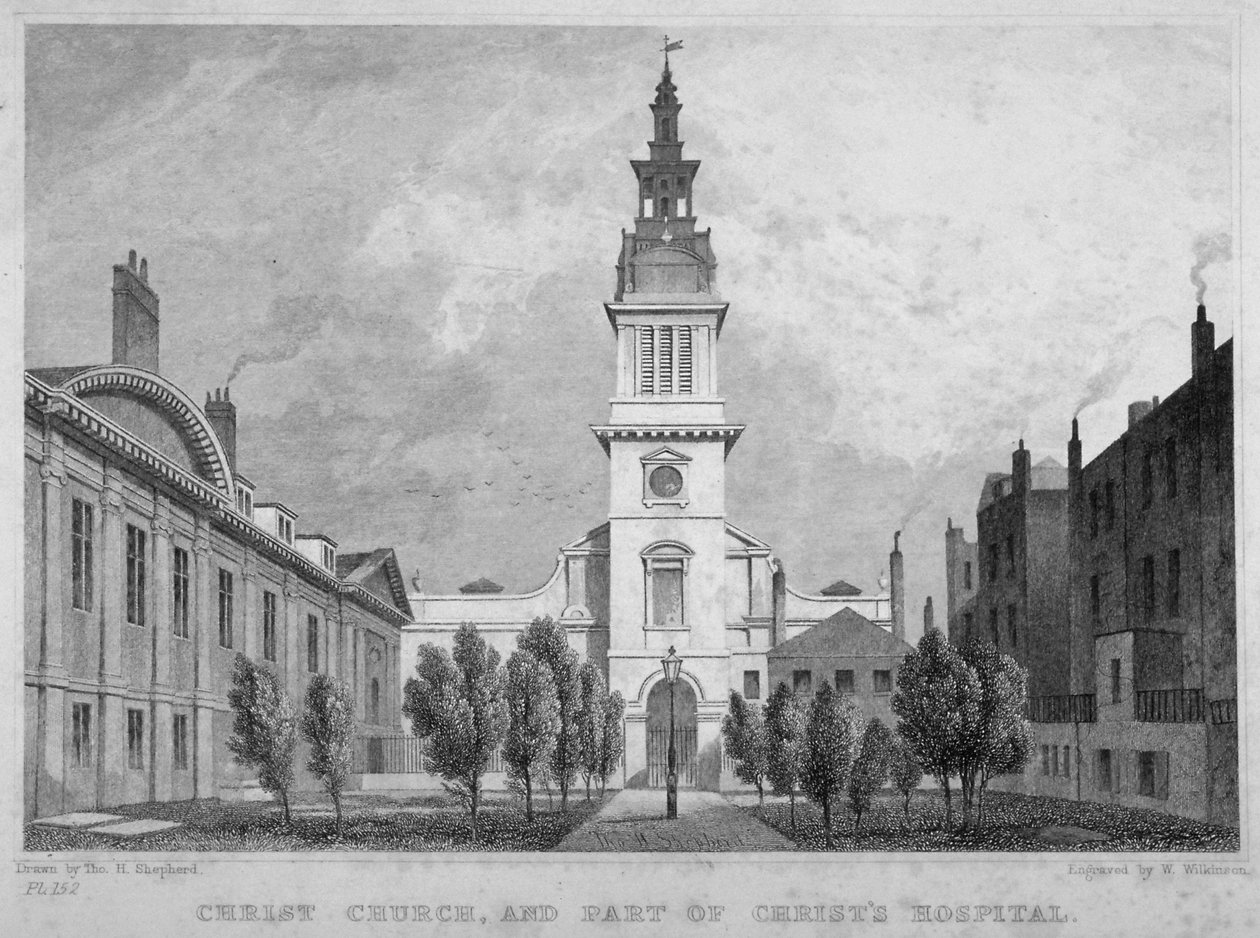 Vestutsikt over Christ Church, Newgate Street, med en del av Christ