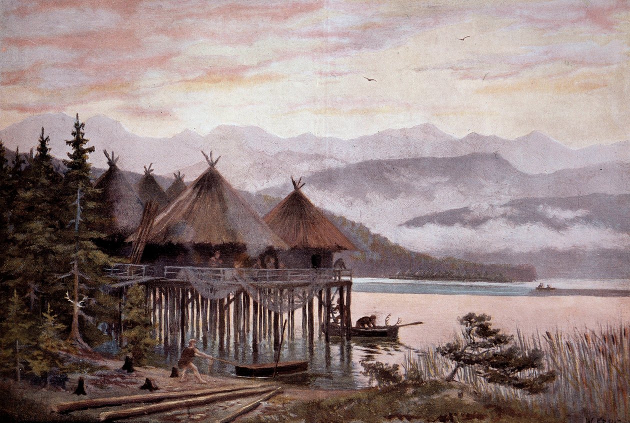 Forhistorie: landsbybati på påler ved bredden av Zürichsjøen i Pierres tidsalder. Lake village, forhistorisk innsjøby. Fra et maleri av W. Kranz 20. århundre av W. (after) Kranz
