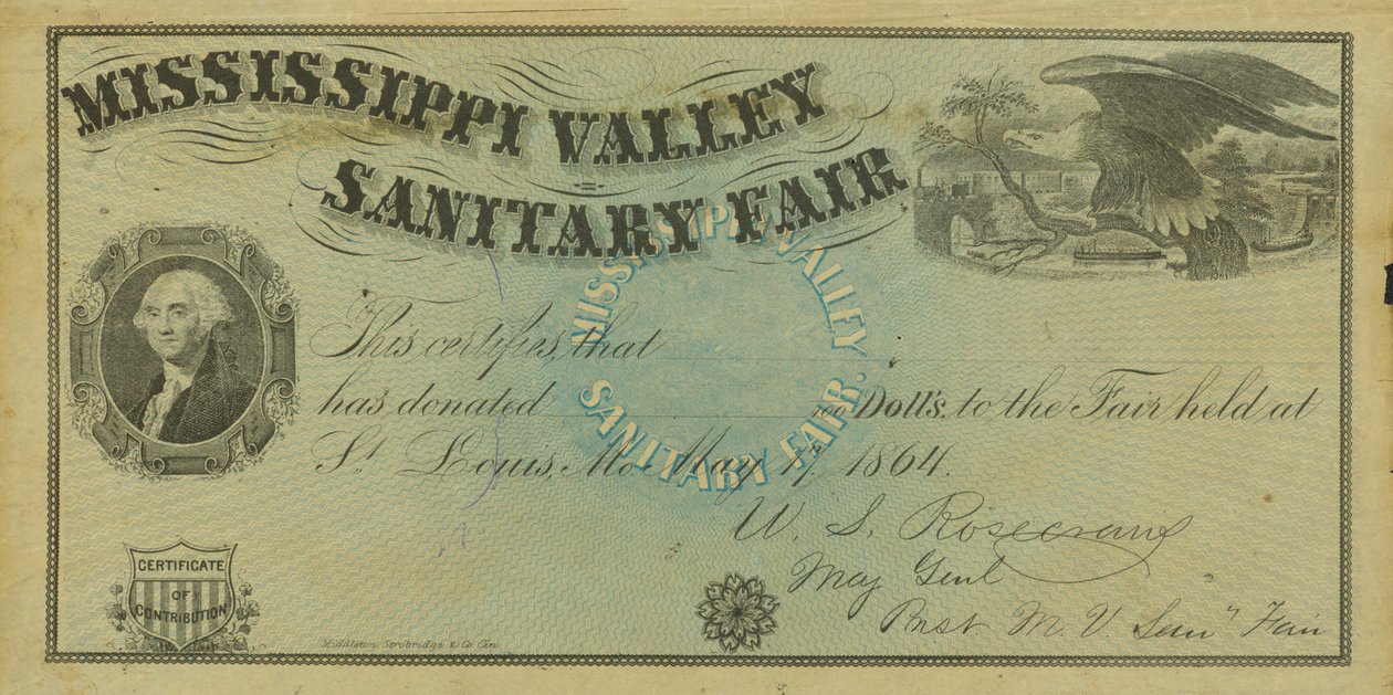 Blankt illustrert bidragsbevis for donasjoner gitt på Mississippi Valley Sanitary Fair, 7. mai 1864 av W. A. Rosecrans