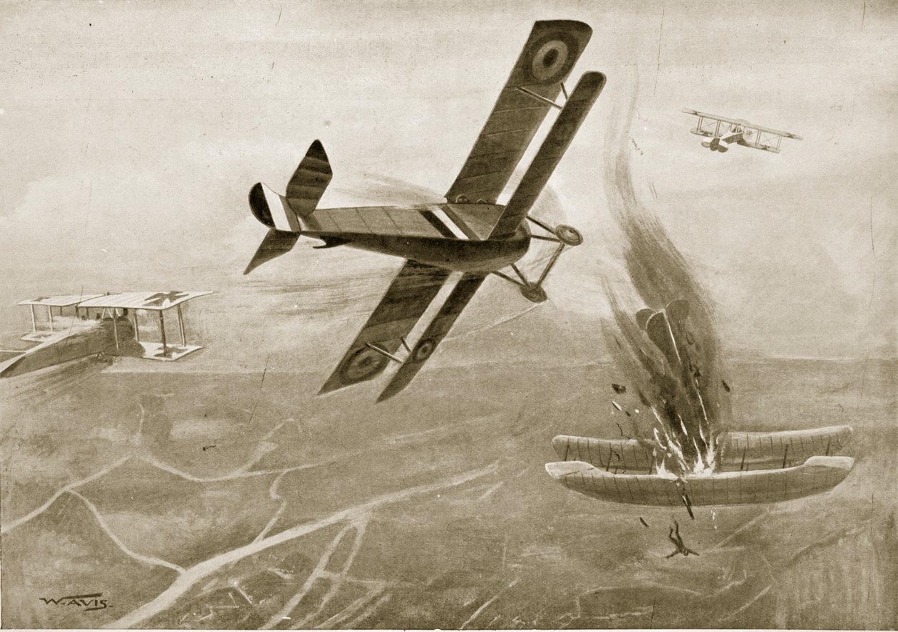 Kaptein Hawkers luftkamp med tre tyske fly, 25. juli 1915, illustrasjon fra 