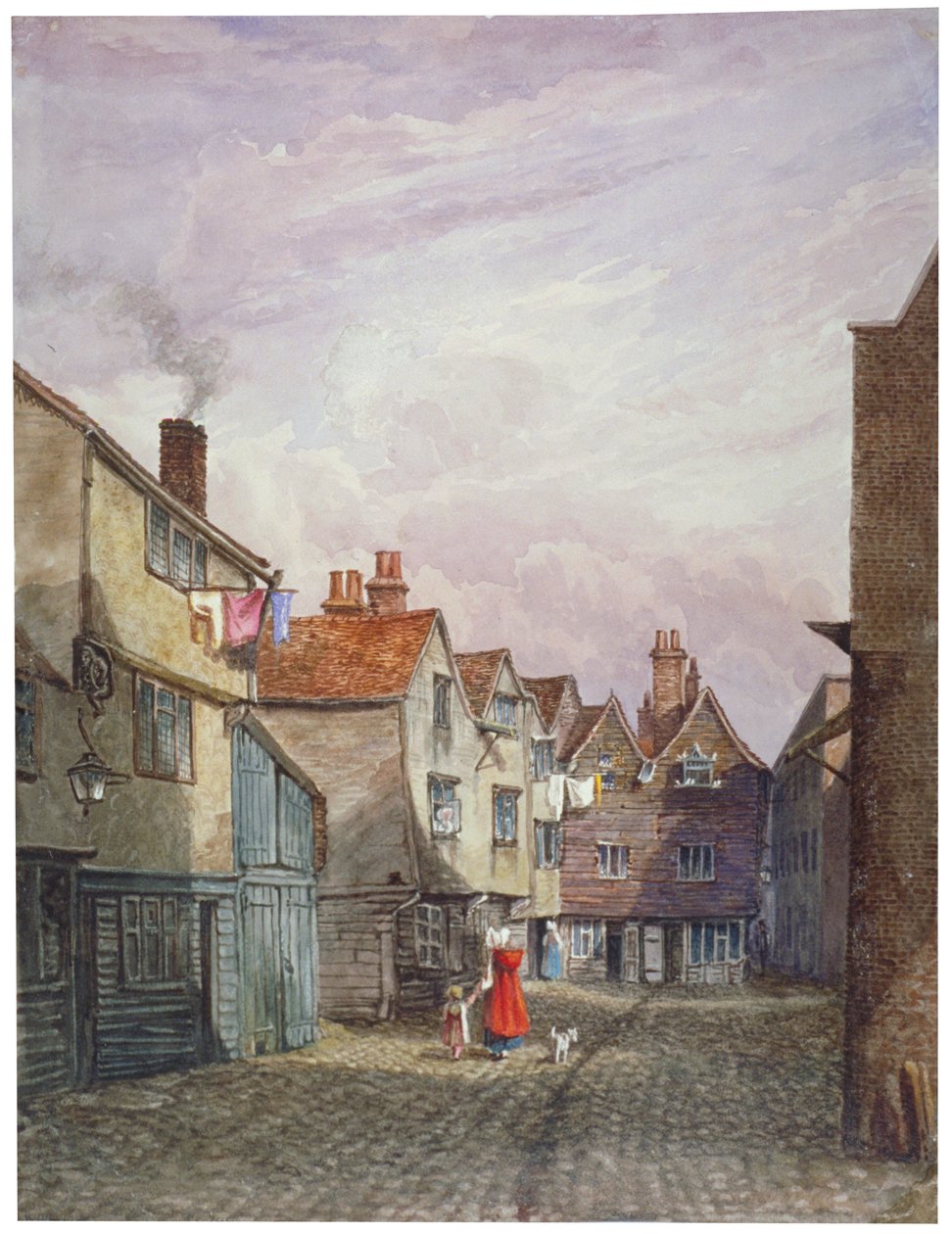 Utsikt over en kvinne og et barn som går ned Crown Court, Bermondsey, London, c1825 av W Barker