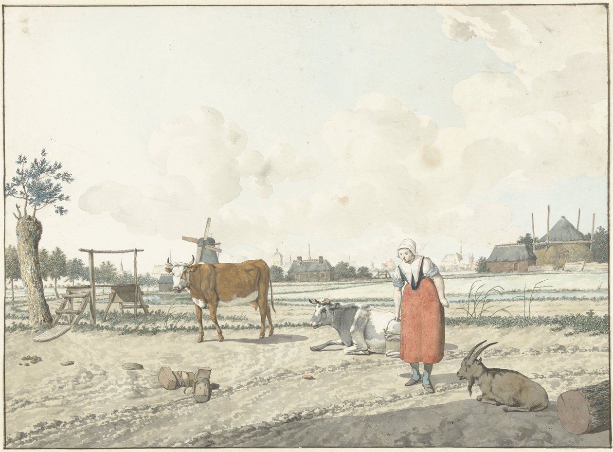 Landskap med bondekone og storfe av W. Barthautz