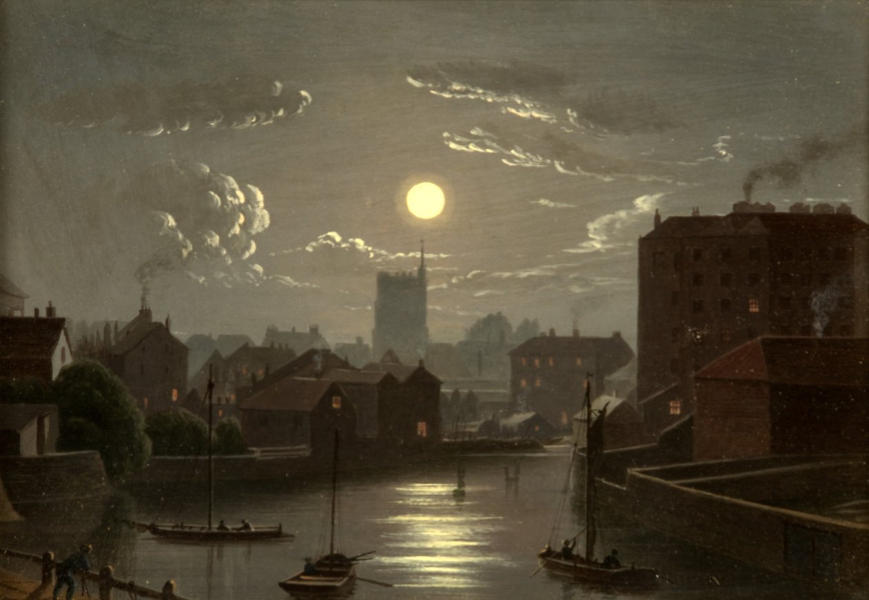 Bristol - Moonlight Scene (olje på kobber) av W. Crambrook