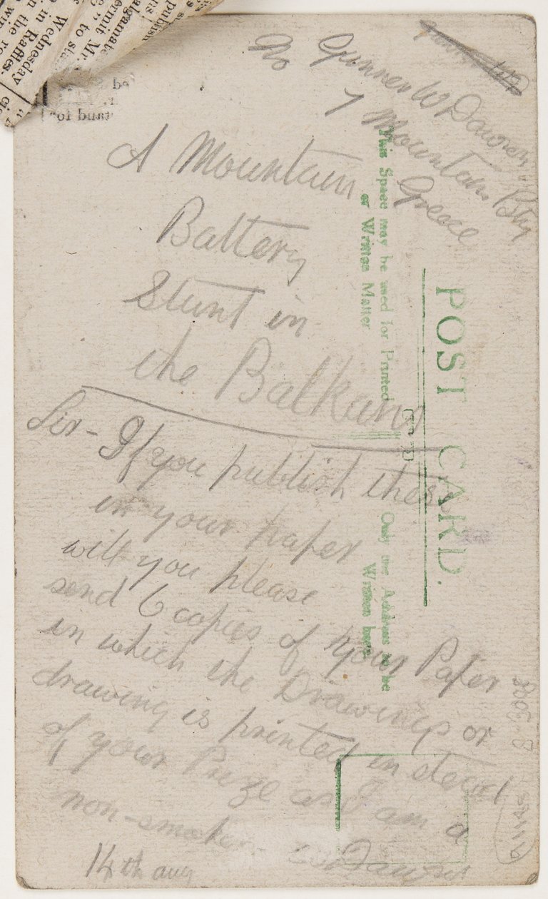 Postkort til redaktøren av Liverpool Weekly Courier, 14. august 1918 (blyant på postkort) av W. Dawson