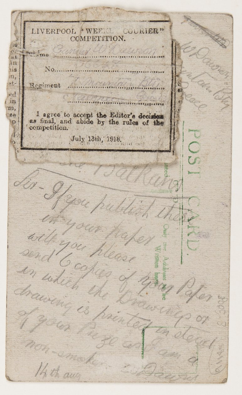 Postkort til redaktøren av Liverpool Weekly Courier, 14. august 1918 (blyant på postkort) av W. Dawson