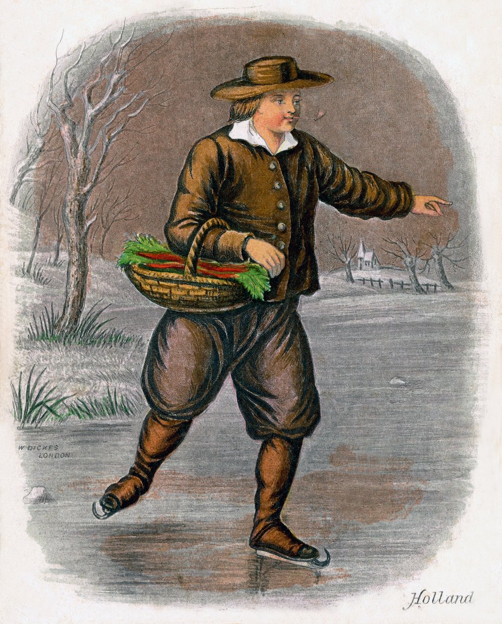 Nederlandsk mann på skøyter med en kurv med grønnsaker, 1809. av W. Dickes