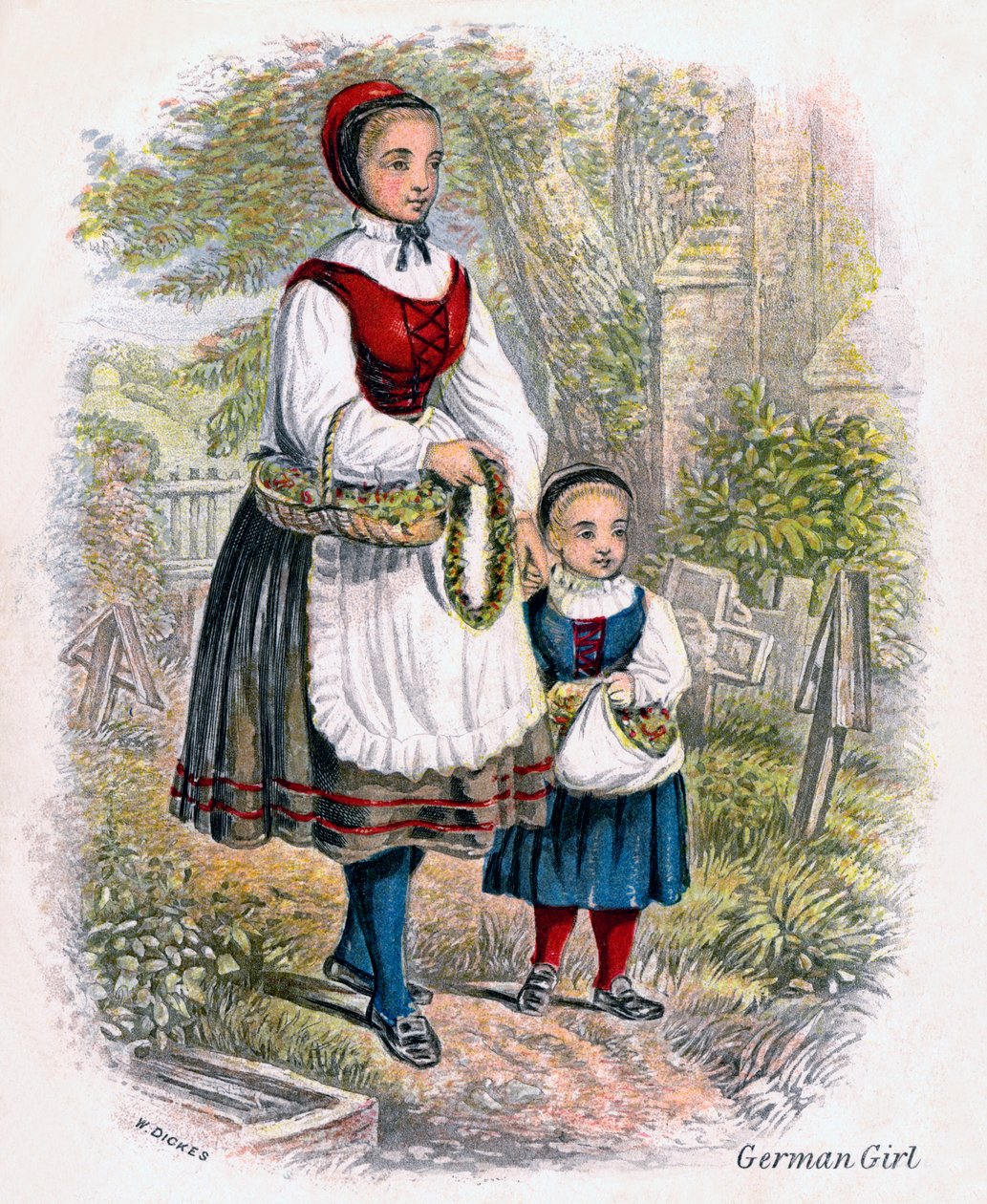 To tyske jenter med kurver med blomster, 1809. av W. Dickes