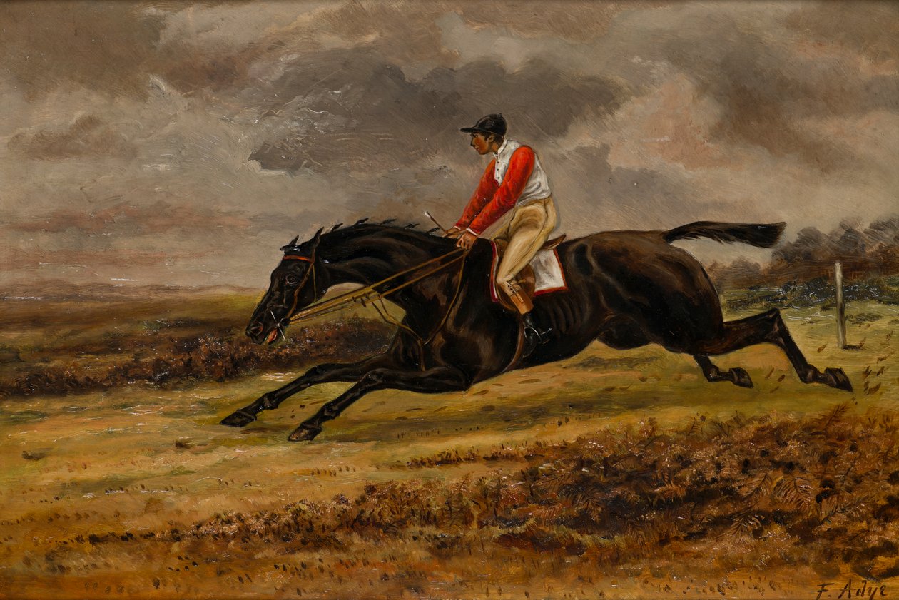 En galopperende hest med jockey opp, iført Bradford racingfarger, ca. 1839-98 (olje på lerret) av W. F. Adye