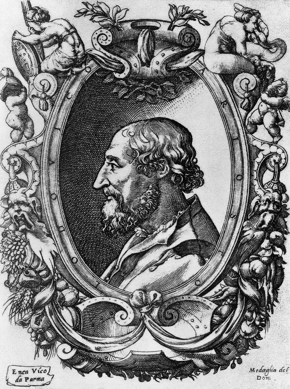 Portrett av Ludovico Ariosto (1474-1533), italiensk poet og dramatiker, Medaglie del Doni, gravering av Enea Vico (1523-1567) av John Ward Dunsmore