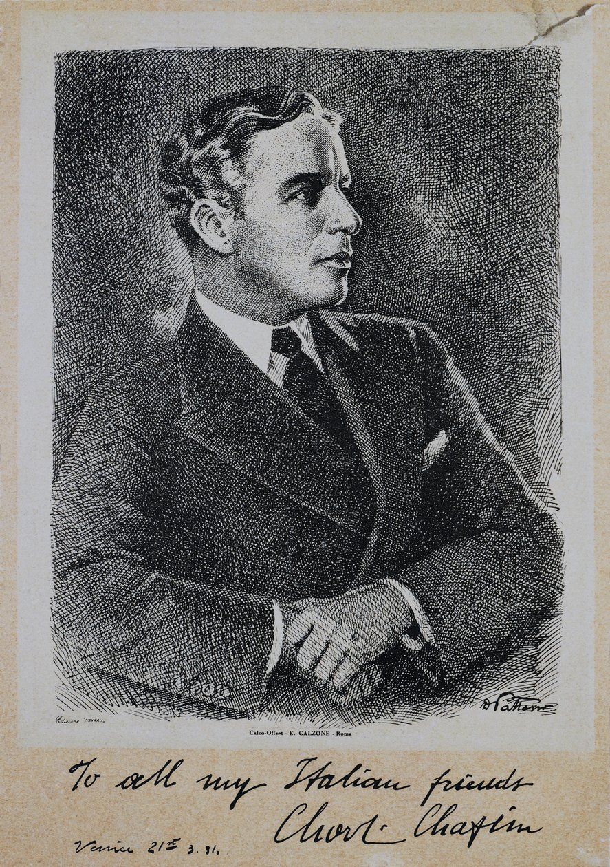 Portrett av Sir Charles Spencer Chaplin (1889-1977), engelsk skuespiller og regissør av John Ward Dunsmore
