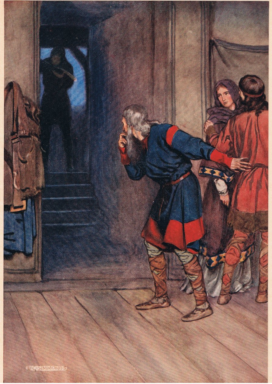 Polonius tester Hamlets fornuft mens kongen og dronningen observerer, fra "Hamlet" av William Shakespeare, utgave utgitt av Hodder und Stoughton i 1915 av W. G. Simmonds