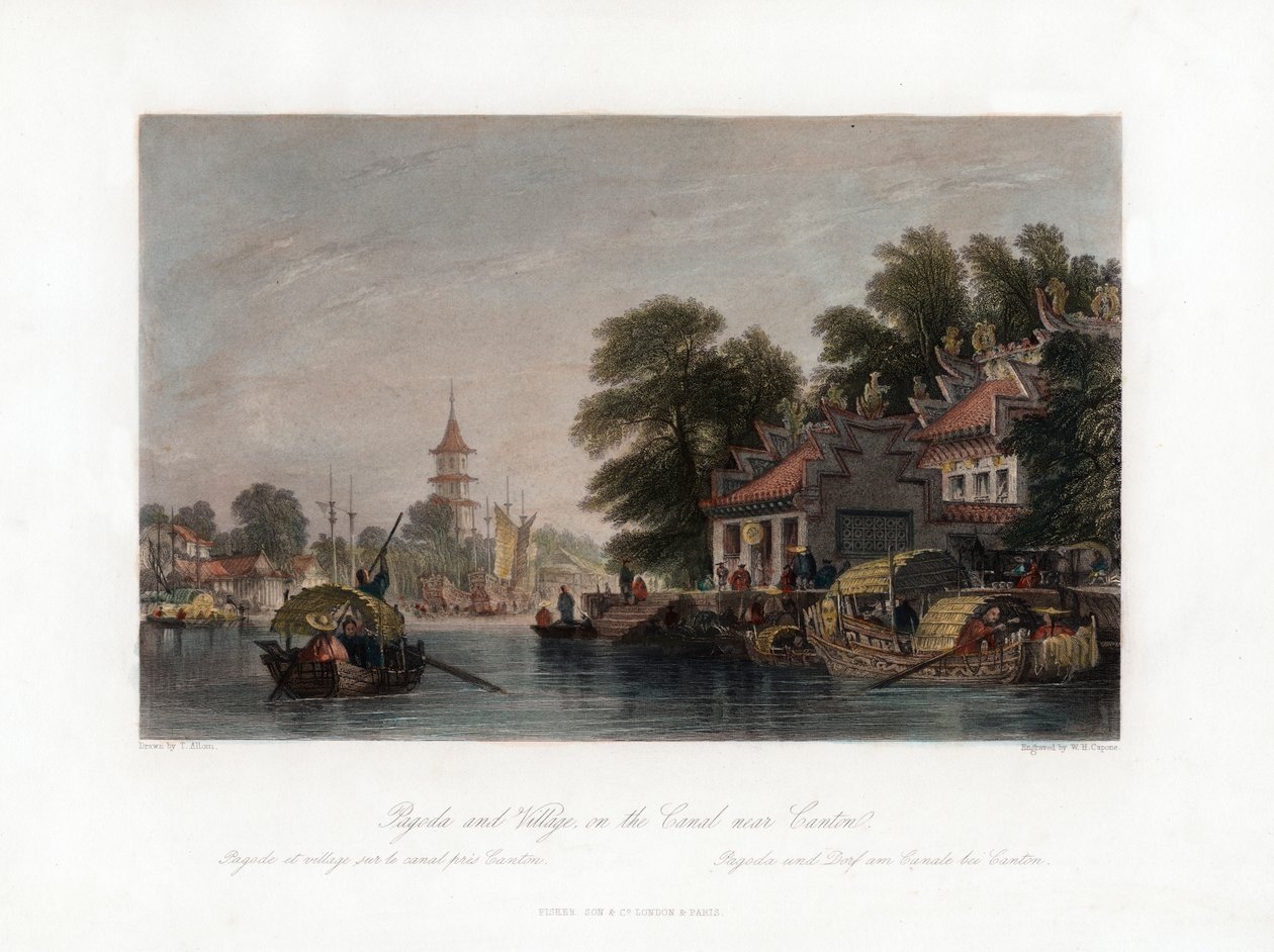 Pagoda and Village, på kanalen nær Canton, Kina, c1840. av W. H. Capone