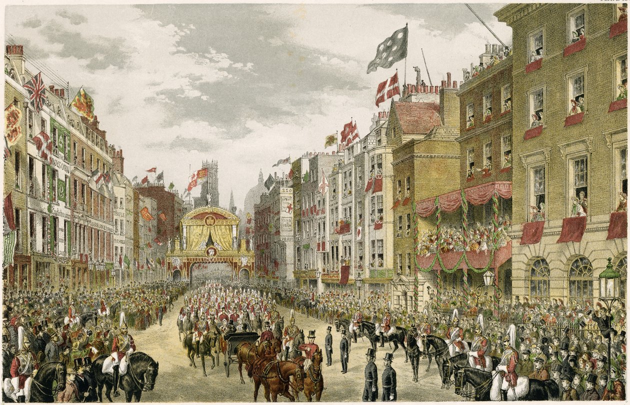 Procession on the Strand, Temple Bar, Strand, London, Storbritannia (fargegravering) av W. H. Russell